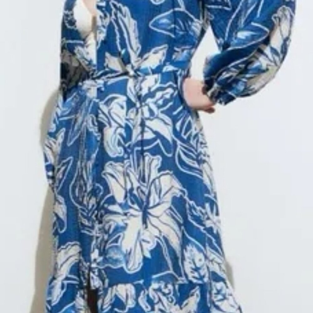 NWT H&M Tie-belt Crêpe Viscose Blend Maxi V-Neck Dress Blue/White/Floral Sz L